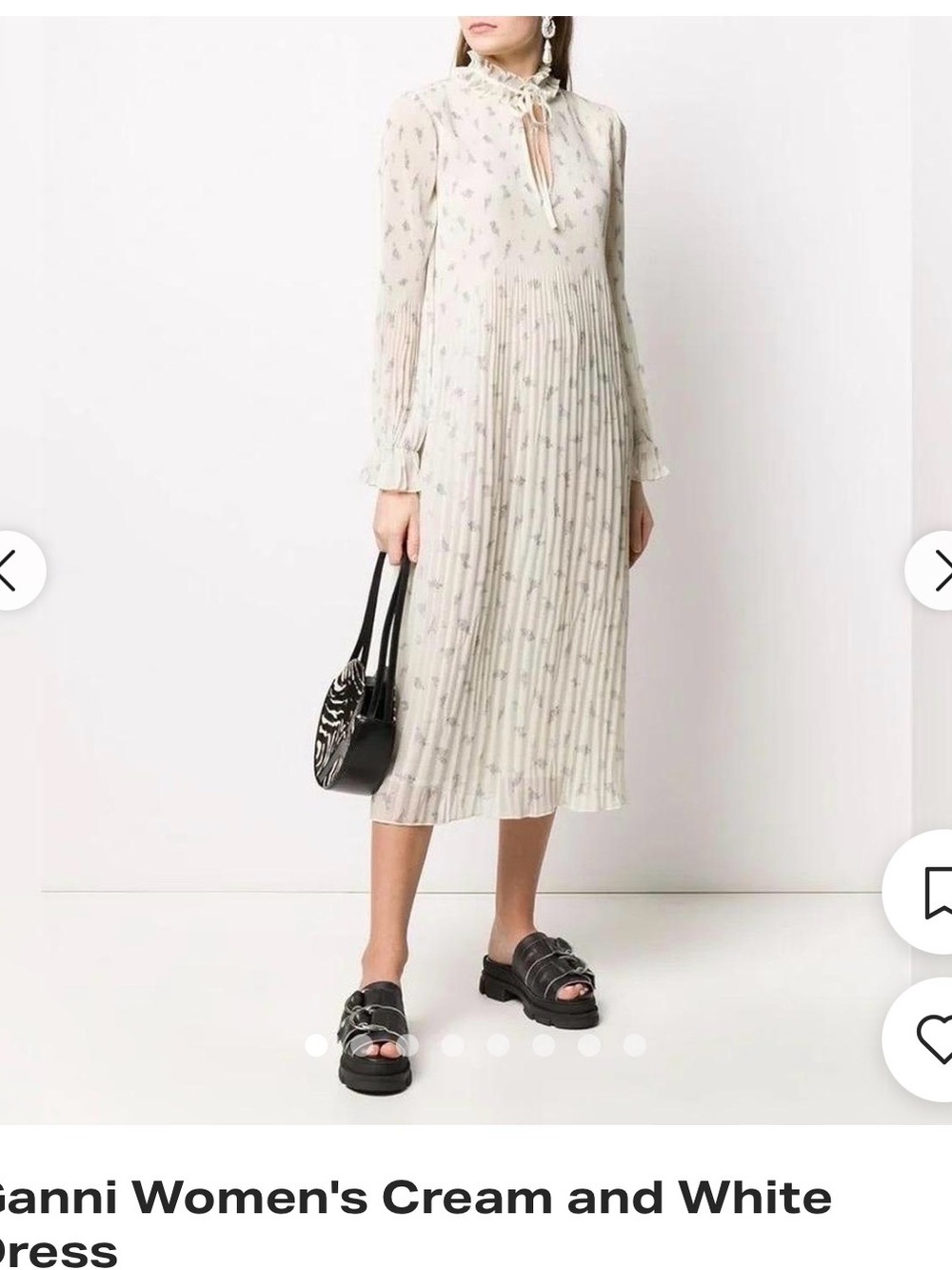 Ganni Cream Floral Tie-Neck Pleated Midi Dress